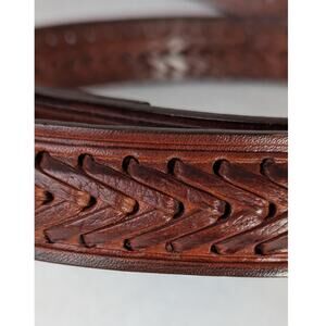 Belt made in USA solid brass buckle Y2k 34"-38"X 1l/8"Hand tooled and woven EUC